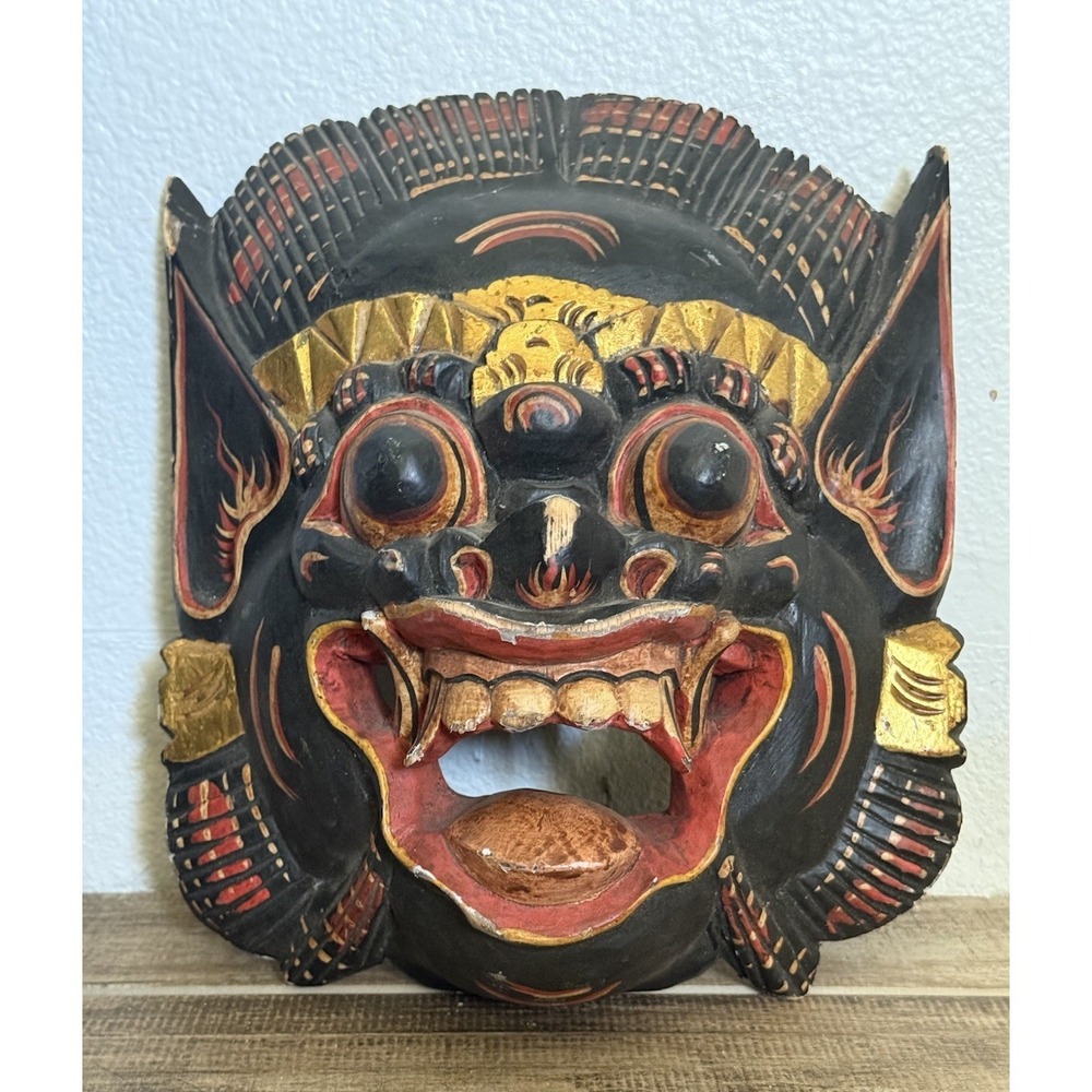 Balinese Barong Mask Mythical Wood Tribal Indonesia Folk Art Wall Decor Carved